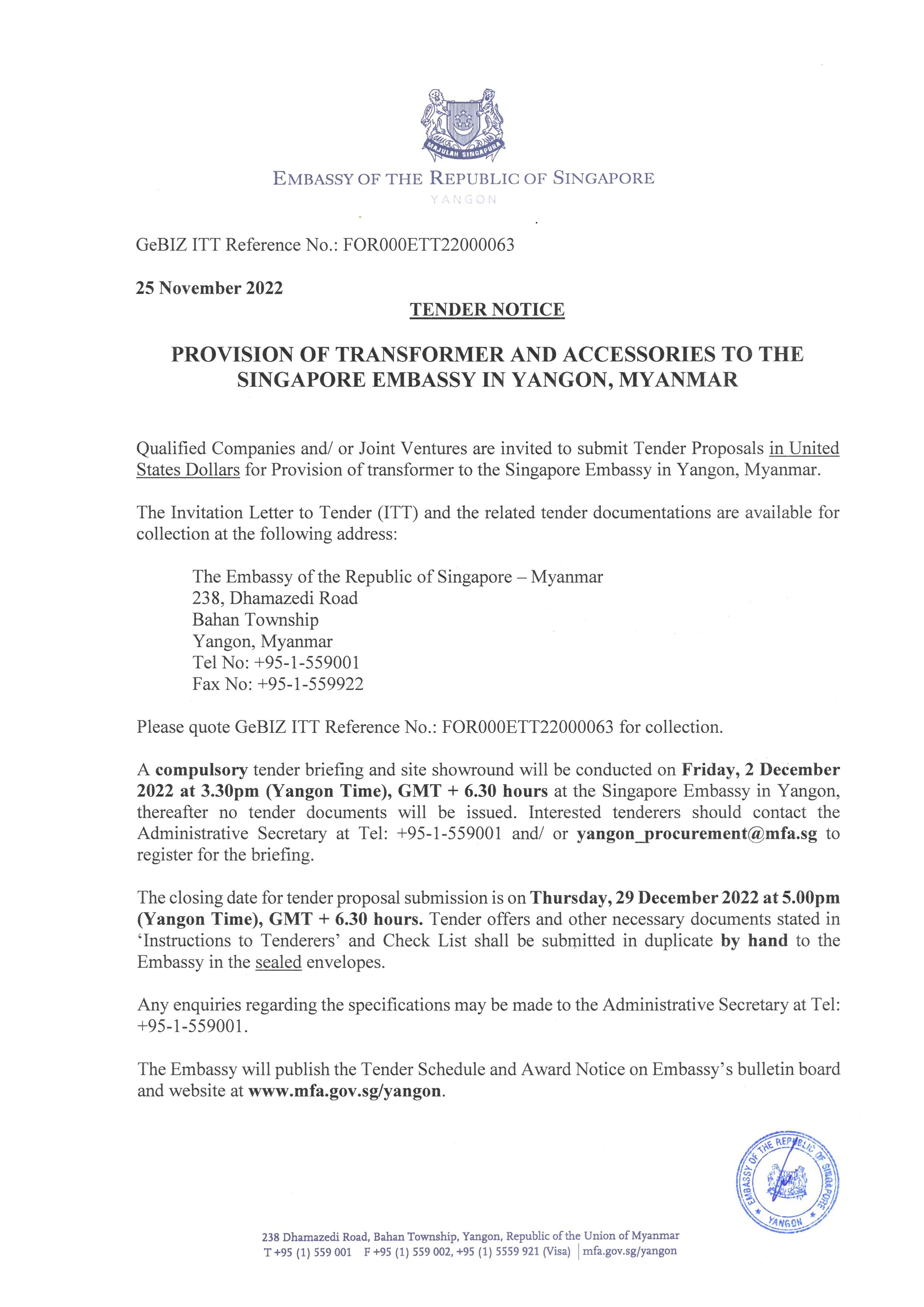 Singapore Embassy tender notice in Yangon for transformer provision; includes dates, address.
